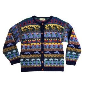 Vintage LL Bean Wool Cardigan Sweater Animals Flowers Colorful Size Medium